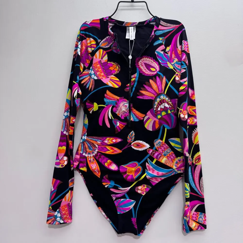 NWT Trina Turk Long Sleeve Zip Up Paddle Suit One Piece Swimsuit sz L Tropical